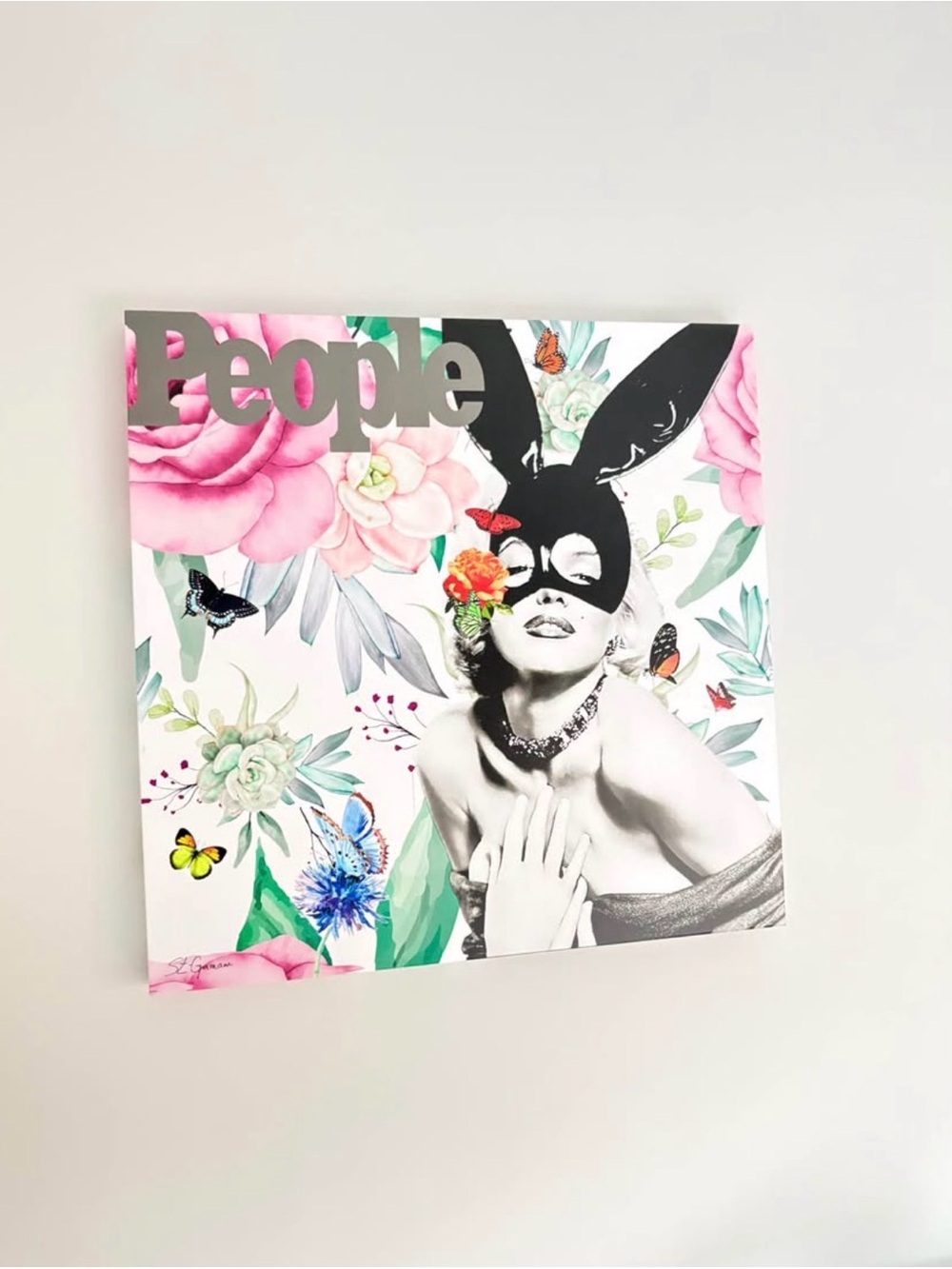 Floral Marilyn Monroe with bunny Mask Wall Art - Pink, Black & Green